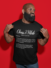 Load image into Gallery viewer, Class_Polish2ptmensdefteewhfontmodelbeardedredbkgrnd.png